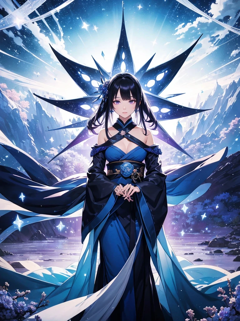 star world, a elegant furisode Lady long black hair and large purple eyes standing backstyle on a blue smallFlowers, holding a Japanese SENSE in her hand to summon flying Bright star around her. The background is full of large and small blue flowers, creating an atmosphere of fantasy and dreamy darkblue tones. In the style of a high definition fantasy beautiful ukiyoe, with high resolution. A panoramic view from above, capturing the vastness of nature. Soft lighting creates a warm feeling.