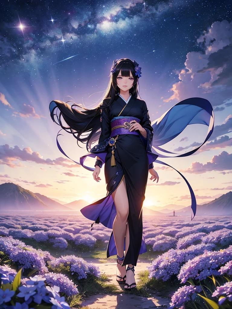 star world, a elegant furisode Lady long black hair and large purple eyes standing backstyle on a blue smallFlowers, holding a Japanese SENSE in her hand to summon flying Bright star around her. The background is full of large and small blue flowers, creating an atmosphere of fantasy and dreamy darkblue tones. In the style of a high definition fantasy beautiful ukiyoe, with high resolution. A panoramic view from above, capturing the vastness of nature. Soft lighting creates a warm feeling.