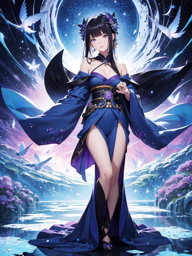 Harry Clarke, Naoyuki Kato, Hajime Sorayama, Surreal, mysterious, strange, fantastical, fantasy, Sci-fi, Japanese anime, miniskirt beautiful girl walking in space, perfect voluminous body, rocket and moon, detailed masterpiece Hyper realistic sharp focus