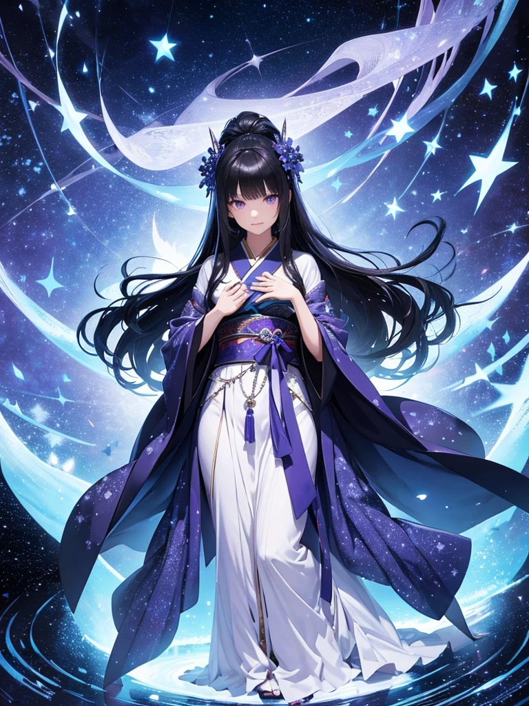 star world, a elegant furisode Lady long black hair and large purple eyes standing backstyle on a blue smallFlowers, holding a Japanese SENSE in her hand to summon flying Bright star around her. The background is full of large and small blue flowers, creating an atmosphere of fantasy and dreamy darkblue tones. In the style of a high definition fantasy beautiful ukiyoe, with high resolution. A panoramic view from above, capturing the vastness of nature. Soft lighting creates a warm feeling.