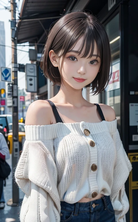 masterpiece, 1 beautiful girl, Delicate eyes, swollen eyes, best quality, 超high resolution, (Reality: 1.4), original photo, 1 girl, light, Japanese, Asian Beauty, Korean, Clean, Super beautiful, Beautiful skin, slim, Cyberpunk short hair, (超Reality的な), (high resolution), (8K), (Very detailed), (Best Illustration), (美しくdetailed目), (Very detailed), (wallpaper), (Delicate face), What is the audience like?, detailed, Delicate face, Pure Face Ace_v1、46 points side bangs、Direct vision、Neat clothes、black eyes、sleeveless、Front facing the body、short hair、Brown hair、A bright smile、long knitted long sleeve sweater、Off-shoulder、Big
