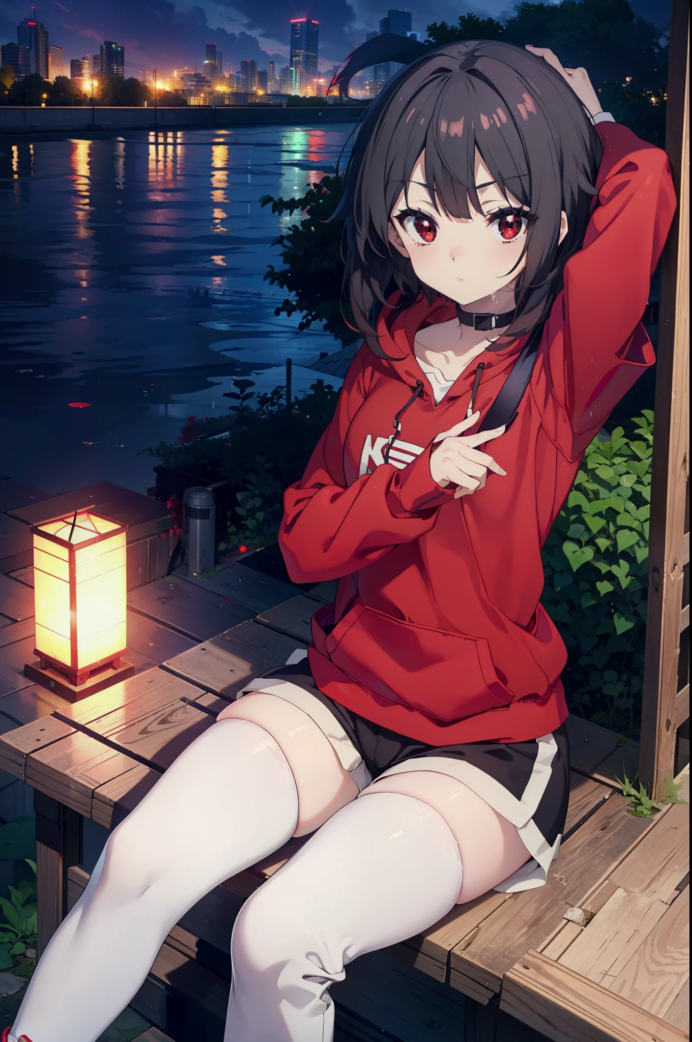 konosubaMegumin, Megumin, short hair, Black Hair, (Red eyes:1.3), short hair with long locks,Oversized red hoodie,Baseball hats,Shorts,White pantyhose,High-top sneakers,night,rain,cloudy,Hiding in a roofed building,Sitting on the stairs,whole bodyがイラストに入るように,
break indoors ,Alley,
break looking at viewer, whole body,
break (masterpiece:1.2), Highest quality, High resolution, unity 8k wallpaper, (figure:0.8), (Beautiful attention to detail:1.6), Highly detailed face, Perfect lighting, Highly detailed CG, (Perfect hands, Perfect Anatomy),