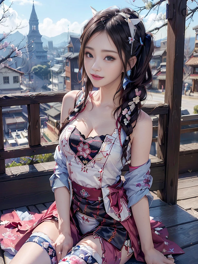 (Full Body View:1.2)、(Side view:1.1)、(Beautiful lips and cheeks:1.4)、(Beautiful:1.4)、(Smiling with teeth showing:1.3),(Shibuya Gal:1.5)、(Gothic ta vibe:1.5)、(White, red, magenta, and blue miniskirt courtesan kimono showing cleavage:1.5)、(New Year:1.4)、(Luxury hair ornaments/hairpin:1.5)、(Short kimono:1.3)、(Make-up like a maiko:1.5)、(Bewitching Woman:1.3)、(Dense kimono:1.4)、(Wearing flashy knee socks:1.2)、(The underwear has an embroidered pattern:1.4)、40 years old、(Dance vigorously:1.3)、((Highest quality、8k、masterpiece:1.3))、1 Female、Slim and beautiful abs:1.3、(hairstyle casual、Beautiful boobs:1.1)、dress:1.1、Super small face、Narrow eyes、double eyelid、A sloppy smile、Esbian all over、Dynamic Angle、Close-up、CPL Filter、Blurred Background、Bokeh、Blue Hour、Detailed face and skin texture、Detailed eyes、double eyelid,(Twin tails:1.3)、(Black-brown hair:1.3)、Gravure idol、(The background is a gorgeous Meiji-era town:1.3)、(Thin body:1.2),(Thin thighs:1.5),(clavicle:1.1)