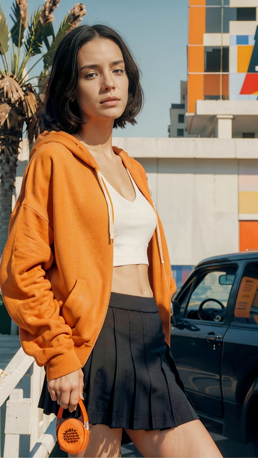 long shot portrait of cute 23 yo girl ,wear ((orange color oversized hoodie)), wear ((purple tennis skirt)),looking viewer,Best Quality,Masterpiece,Ultra High Resolution,(Realisticity:1.4),Original Photo, 1Girl, light leak,ultra high resolution,UHD,beautiful, (black bob hair), almond eye, no makeup, in front of ((80's mondrian architecture motel)), (realistic:1.2), (surreal:1.3), (very detailed:1.1), ((masterpiece)),summer, blue sky, palm trees,sunny, los angles vibes,film camera, 800mm lens,style of Philip Lorca diCorcia