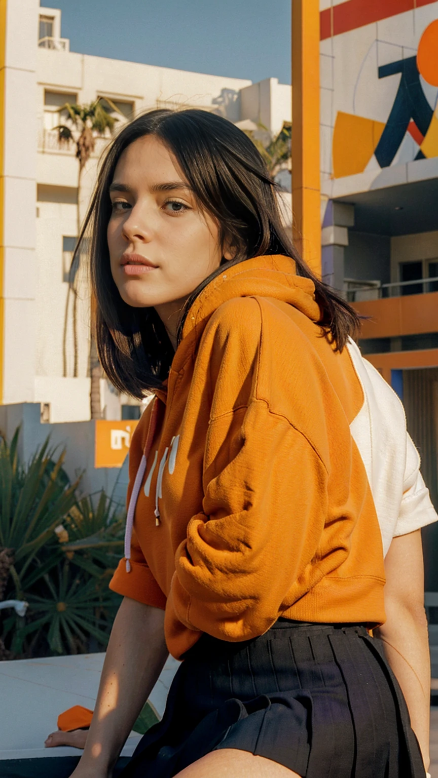 long shot portrait of cute 23 yo girl ,wear ((orange color oversized hoodie)), wear ((purple tennis skirt)),looking viewer,Best Quality,Masterpiece,Ultra High Resolution,(Realisticity:1.4),Original Photo, 1Girl, light leak,ultra high resolution,UHD,beautiful, (black bob hair), almond eye, no makeup, in front of ((80's mondrian architecture motel)), (realistic:1.2), (surreal:1.3), (very detailed:1.1), ((masterpiece)),summer, blue sky, palm trees,sunny, los angles vibes,film camera, 800mm lens,style of Philip Lorca diCorcia
