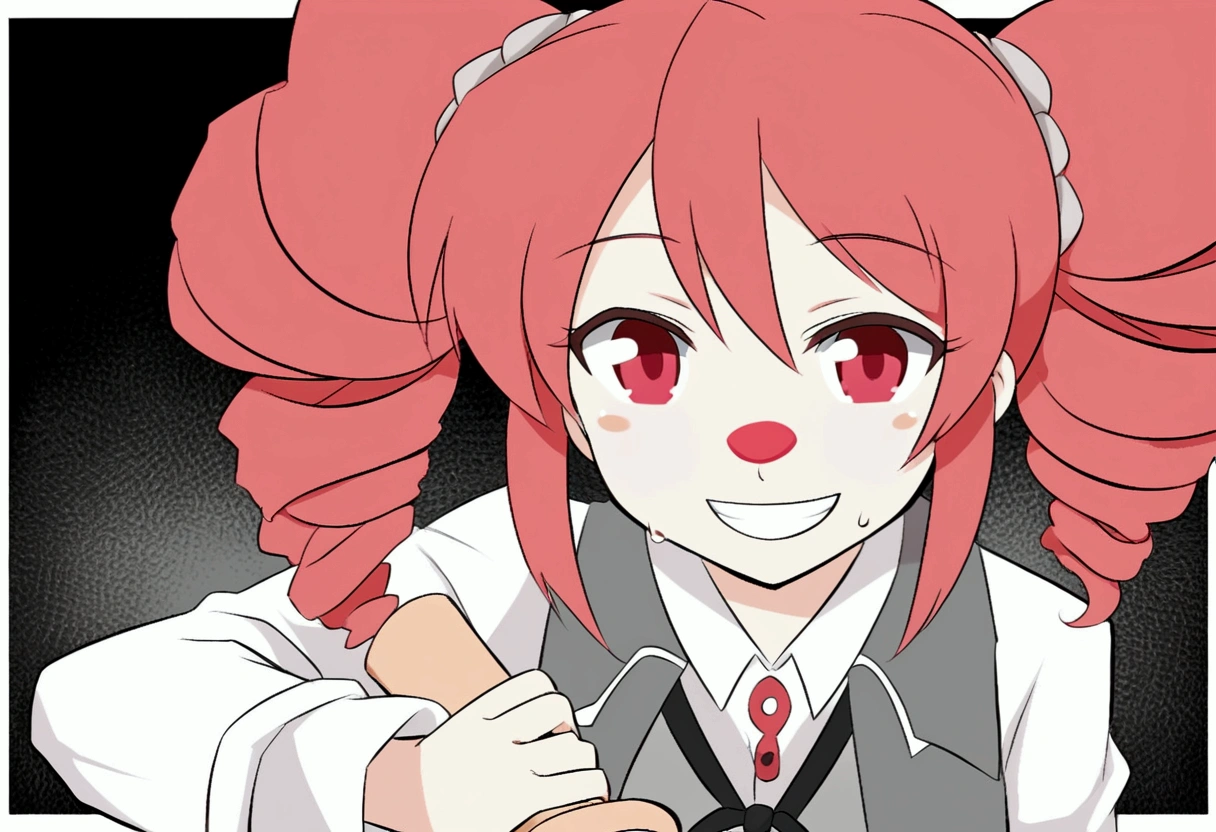 Kasane Teto, holding a baugette, smile, drill hair, twin-drill hair, soft-red hair, red eyes,