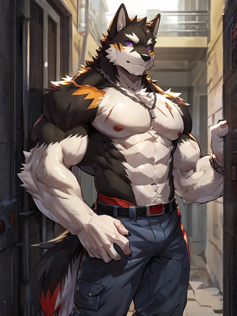 embedding:black wolf, male,purple eyes,Scar on the face, scar on the body,Single person,deliveryman,Standing outside the door,In the corridors,Robust,Contempt,With the express box in his hand,The highest quality of scene detail,adult,Tall and powerful,muscle,Best quality hands, best quality eye,detailed fur,Delicate eyes.Extreme picture quality,by sollyz,by zixiong,by milkytiger1145