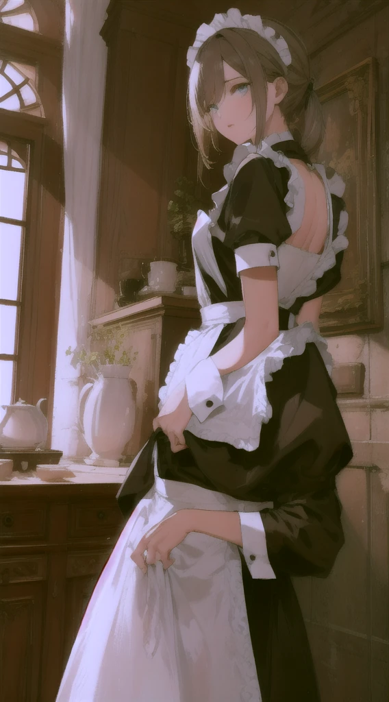 A woman dressed in a maid outfit, Standing with his back to the viewer, Stick your butt out a little, Lift the hem of the maid&#39;s skirt to expose her buttocks, Lift your skirt up until your butt is completely exposed, ((Gorgeous black satin panties)), ((Show the crack of the buttocks:1.2)), garter belt, Plump thighs, White tights , ((Take off your panties halfway, Pull down your panties)), A sexy pose that emphasizes the buttocks, stick your ass out more