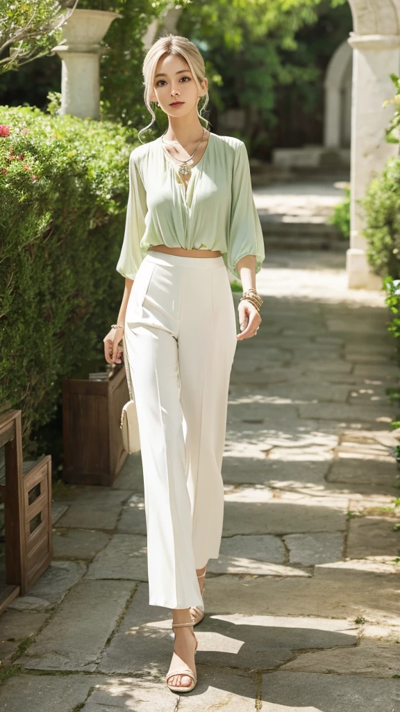**clothing**: Pale green blouse and white capri pants、Delicate bracelet - **background**: Walking through the quiet shrine grounds