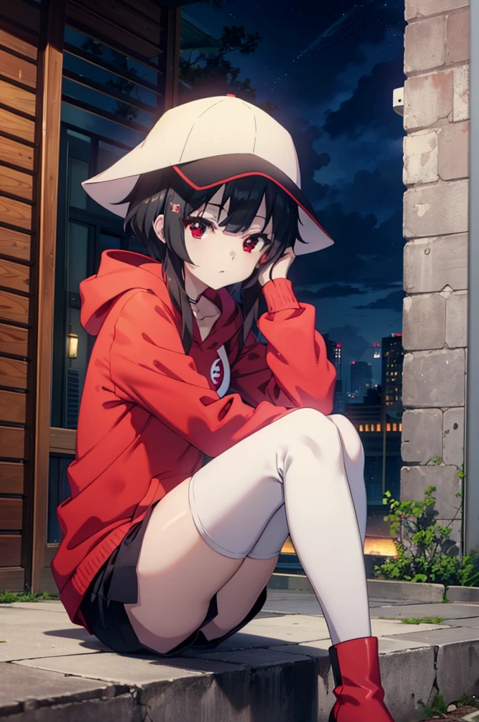 konosubaMegumin, Megumin, short hair, Black Hair, (Red eyes:1.3), short hair with long locks,Oversized red hoodie,Baseball hats,Shorts,White pantyhose,short boots,night,rain,cloudy,Hiding in a roofed building,Sitting on the stairs,whole bodyがイラストに入るように,
break indoors ,Alley,
break looking at viewer, whole body,
break (masterpiece:1.2), Highest quality, High resolution, unity 8k wallpaper, (figure:0.8), (Beautiful attention to detail:1.6), Highly detailed face, Perfect lighting, Highly detailed CG, (Perfect hands, Perfect Anatomy),