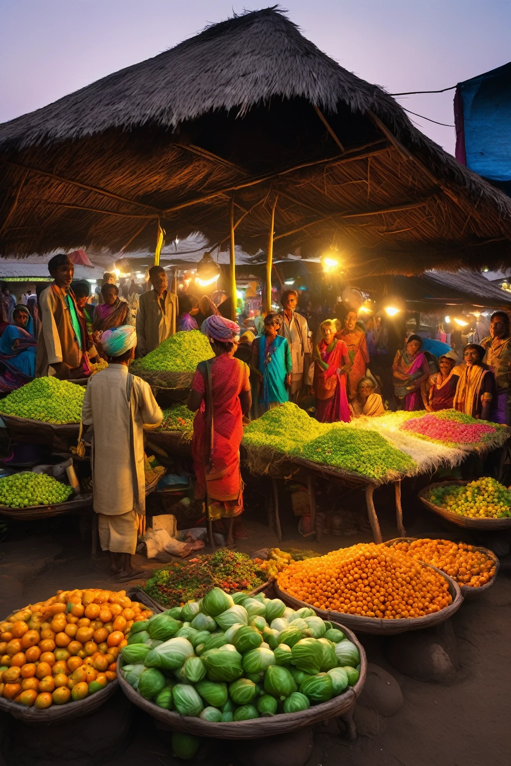 In an 1800 Indian village, amidst the bustling market with traditional thatched-roof stalls and dirt paths, a group of glowing, friendly aliens set up a stall. They are selling exotic, luminous vegetables alongside the local produce. Villagers, dressed in their traditional attire, gather around, some intrigued and others cautious, while children peek from behind their parents. The alien stall features advanced gadgets like holographic price tags and levitating displays, creating a surreal yet harmonious blend of the historical and the futuristic in the warm, sunlit market.