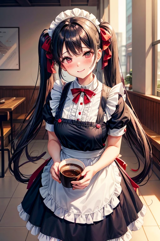 One adult woman,hair_Navy Blue,Twin tails,big tail,Cafe Waitress,apron_red,eye_pink,Lolita Fashion,uniform_red,Long dress_red,ストライプribbon,Frills,ribbon,Laughter,red面,Embarrassed face,Big ,cute,holding a coffee cup