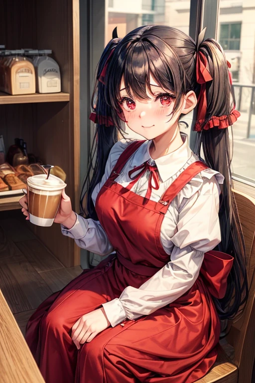 One adult woman,hair_Navy Blue,Twin tails,big tail,Cafe Waitress,apron_red,eye_pink,Lolita Fashion,uniform_red,Long dress_red,ストライプribbon,Frills,ribbon,Laughter,red面,Embarrassed face,Big ,cute,holding a coffee cup