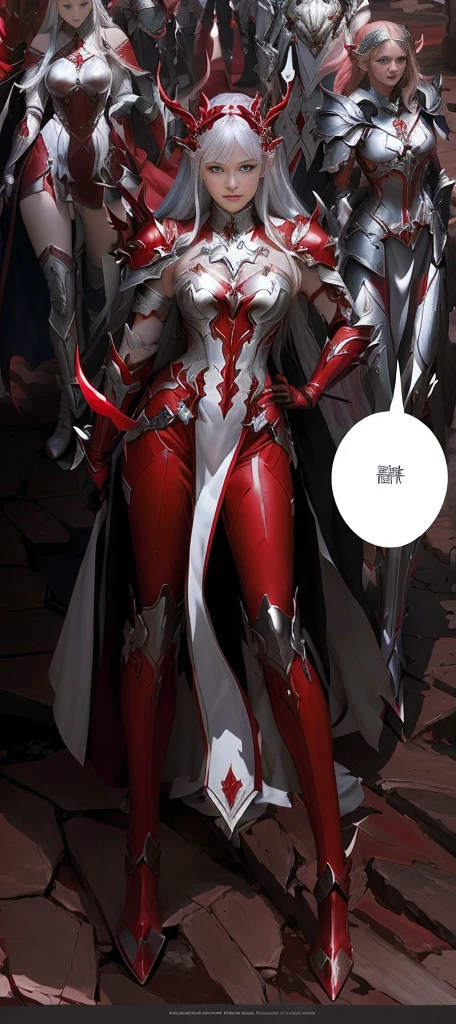 Cartoon illustration of a group of women wearing red and white clothes, white and Red Armor, Full body fairy, V in Devil May Cry plays as an elf, silver armor and red clothing, From《Lineage 2》, Red magic surrounds her, Ruan Jia and Artgerm, wearing witchblade armor, lady in Red Armor, Crimson clothing, Red Armor