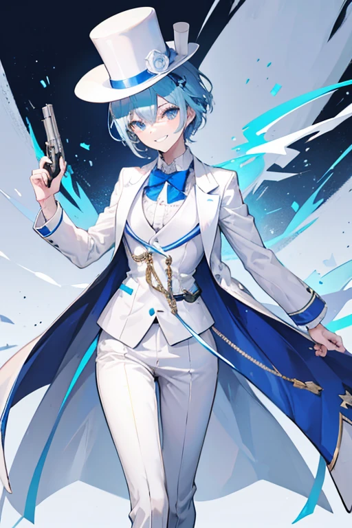 Crossdresser　Light blue hair　Holding a gun in each hand　Grin　White Top Hat　White suit　short hair
