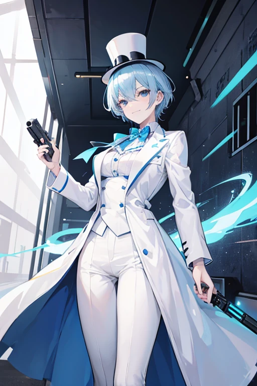 Crossdresser　Light blue hair　Holding a gun in each hand　Grin　White Top Hat　White suit　short hair