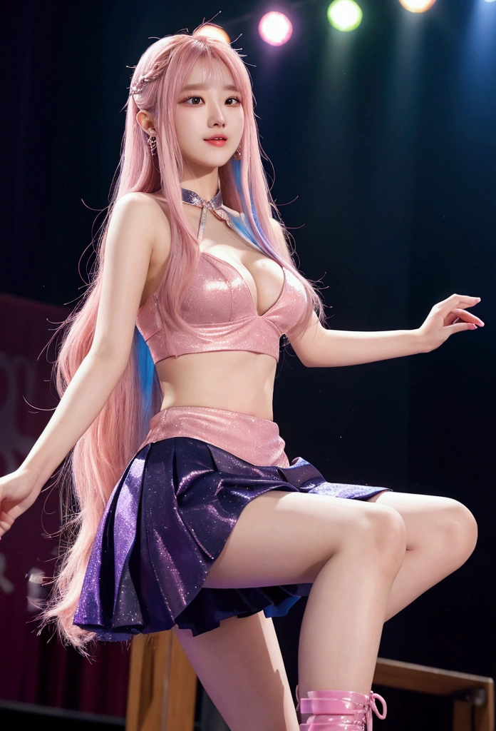 1 Girl,Long hair,(Pink Hair),Idol performance,Girl,Full of vitality,Female idol,20 years old,stage表演,Chest,Smile,Looking at the audience,Korean Idol,Gorgeous clothing,Very long hair,Multi-colored hair,sleeveless,背景Vague,Colorful lights,Lips,大的Chest,Blue skirt,High heel,,campus,campus,student,Cleavage,Vague,stage,Venues,flash,spotlight,Zhang Yuanying,Cheng Xiao,Bare arms