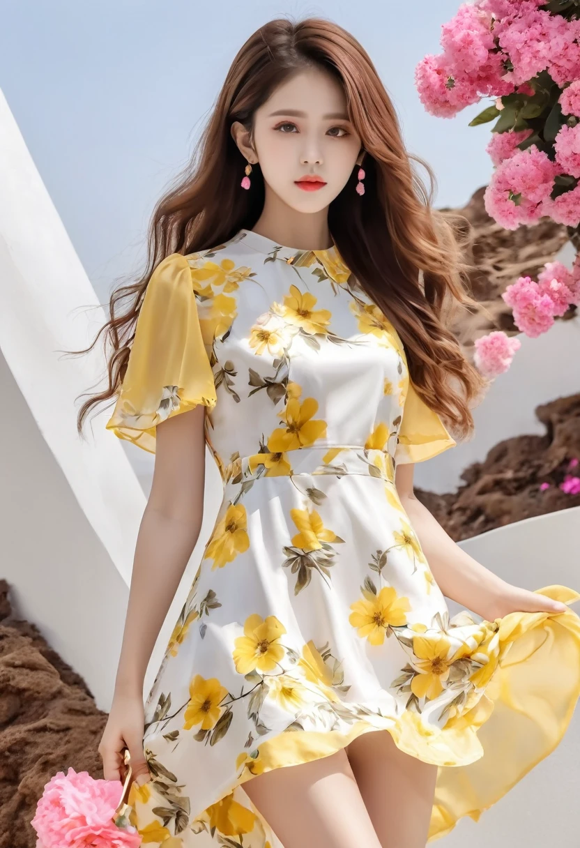 An image of a woman who calmly loves, Detailed medium brown hair, Bright yellow detailed eyes with long eyelashes, White short dress with pink floral print, Detailed brown high heel sandals. full body image. shoes foot