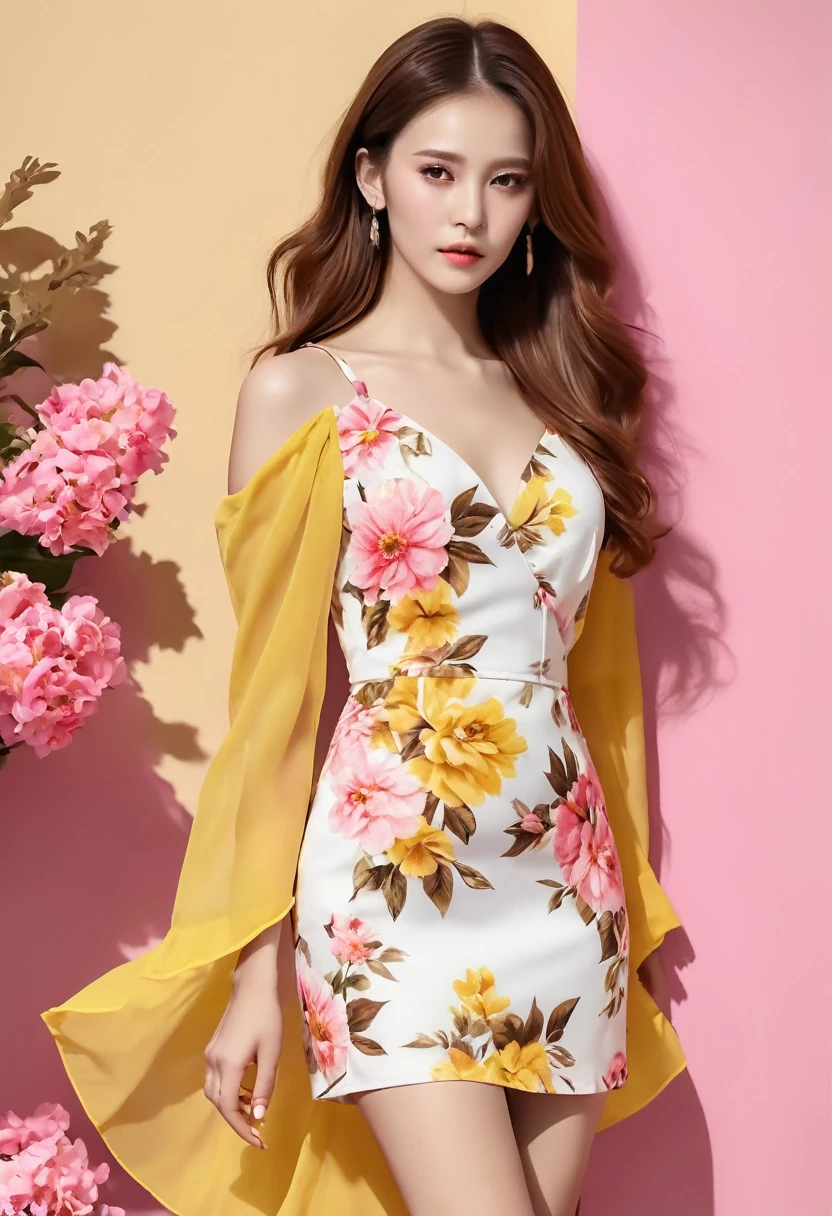 An image of a woman who calmly loves, Detailed medium brown hair, Bright yellow detailed eyes with long eyelashes, White short dress with pink floral print, Detailed brown high heel sandals. full body image. shoes foot