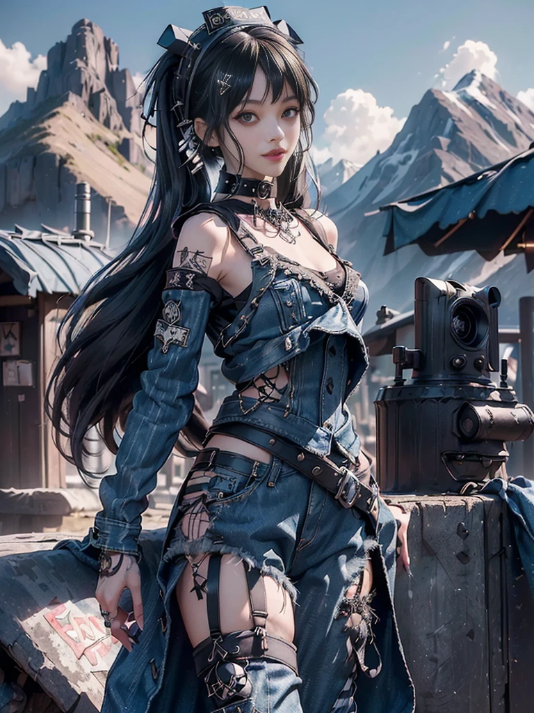 (Full Body View:1.3)、(Beautiful lips and nose:1.4)、(Long eyelashes:1.4)、(Side view:1.1)、(Smiling with teeth showing:1.3),(Shibuya Gal:1.5)、(Gothic Lolita delicately decorated dress:1.5)、(Tattered denim and black punk rock cargo pants:1.5)、(Denim and black navy skull mark small jacket:1.4)、(denim garter belt:1.5)、(Black and denim knee socks:1.3)、(Skull Silver Accessories:1.5)、(Denim collar:1.3)、(Brown Skin Belt:1.4)、(Brown boots:1.2)、(The underwear is striped:1.4)、31 years old、((Highest quality、In 8K、masterpiece:1.3))、Sharp focus:1.2、(Layered Cut、Huge boobs:1.1),Beautiful woman with perfect figure:1.4、(Dancing vigorously:1.3)、Slender Abs:1.2、Highly detailed face and skin texture、Detailed eyes、double eyelid,(Twin tails:1.3)、(Black brown hair:1.3)、Gravure idol、(The background is a vast mountain with a clear view々Beautiful luxury resort destination in Europe:1.3)、(Slim body:1.2),(Make your legs thinner:1.4),(clavicle:1.1)