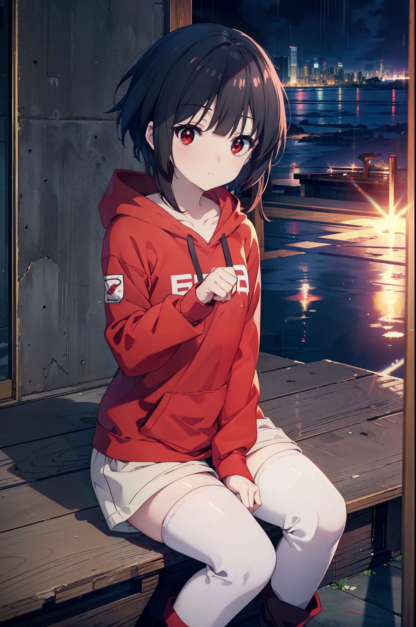 konosubaMegumin, Megumin, short hair, Black Hair, (Red eyes:1.3), short hair with long locks,Oversized red hoodie,Baseball hats,Short denim,White pantyhose,short boots,night,rain,cloudy,Hiding in a roofed building,Sitting on the stairs,whole bodyがイラストに入るように,
break indoors ,Alley,
break looking at viewer, whole body,
break (masterpiece:1.2), Highest quality, High resolution, unity 8k wallpaper, (figure:0.8), (Beautiful attention to detail:1.6), Highly detailed face, Perfect lighting, Highly detailed CG, (Perfect hands, Perfect Anatomy),