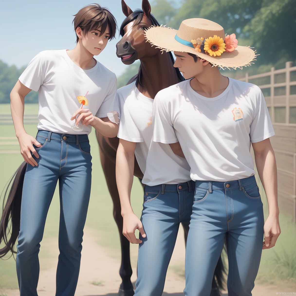 （Cheetah Boy）Straw hat、White shirt、Blue jeans、Ranch、Black horse behind、