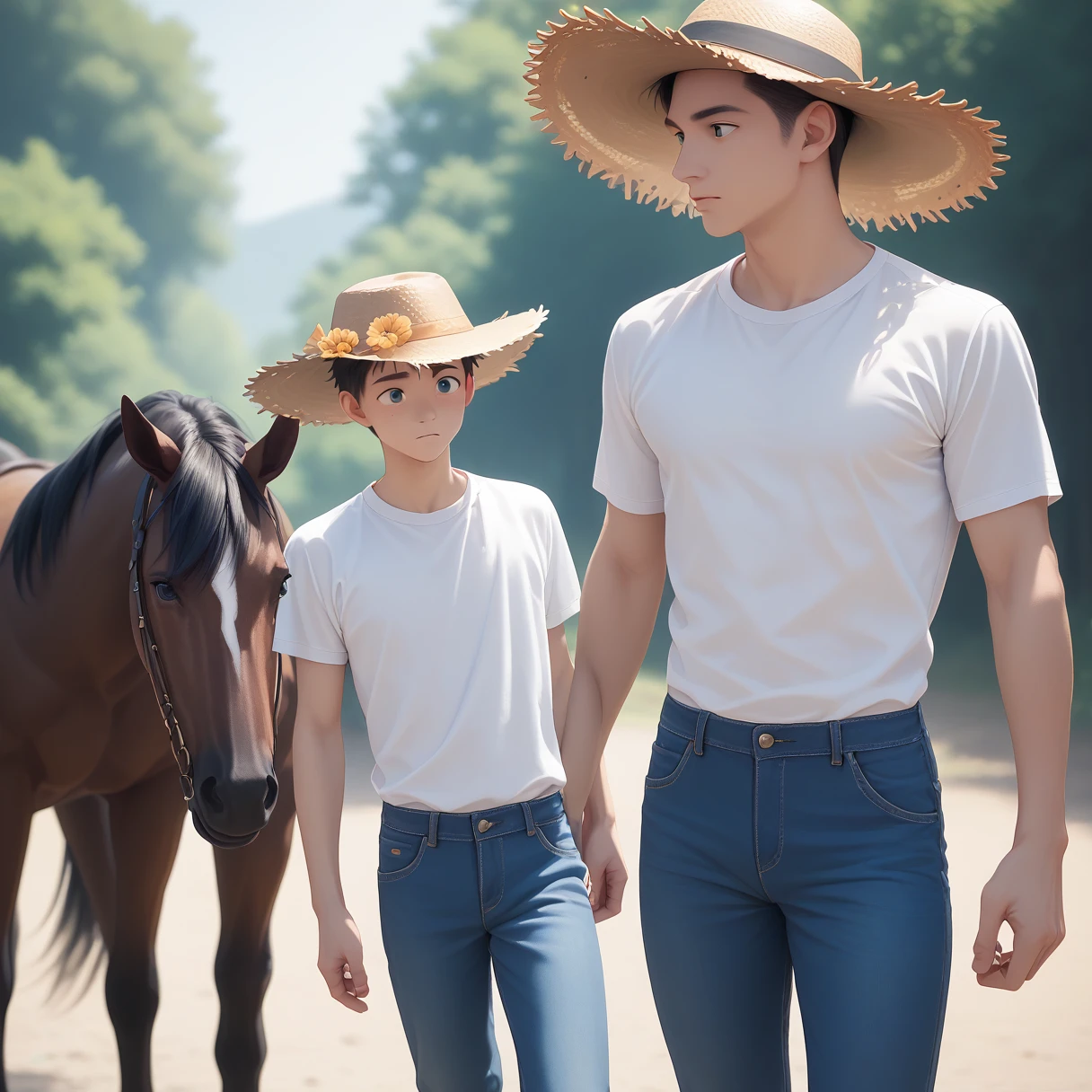 （Cheetah Boy）Straw hat、White shirt、Blue jeans、Ranch、Black horse behind、