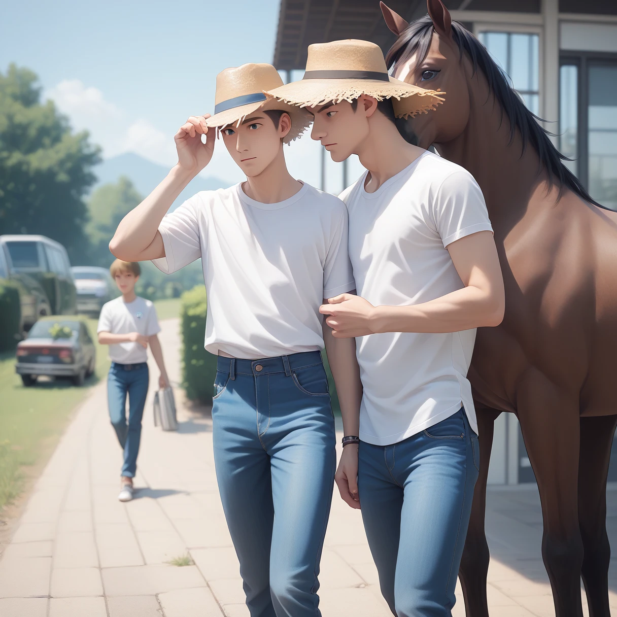 （Cheetah Boy）Straw hat、White shirt、Blue jeans、Ranch、Black horse behind、