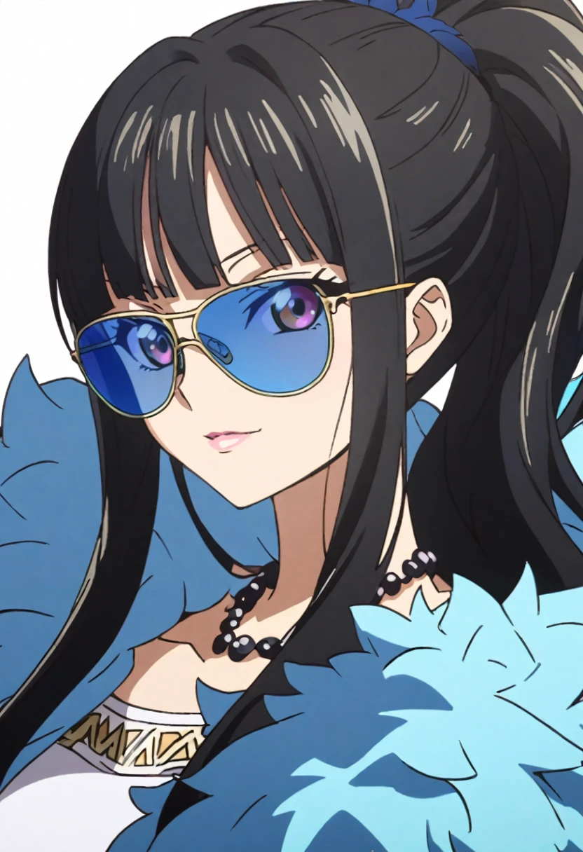 source_anime, 1girl, nico robin wearing a white short dress with a blue feather boa, nicogold, necklace, sunglasses, black hair, ponytail,
upper body, looking at viewer, simple background