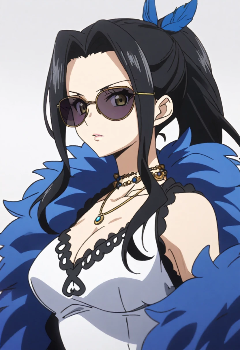 source_anime, 1girl, nico robin wearing  a white short dress with a blue feather boa, nicogold, necklace, sunglasses, black hair, ponytail,
upper body, looking at viewer, simple background   