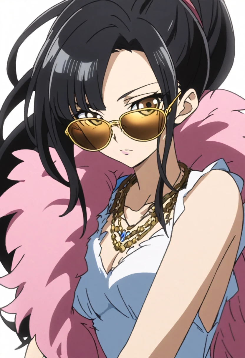 source_anime, 1girl, nico robin wearing  a white short dress with a blue feather boa, nicogold, necklace, sunglasses, black hair, ponytail,
upper body, looking at viewer, simple background   