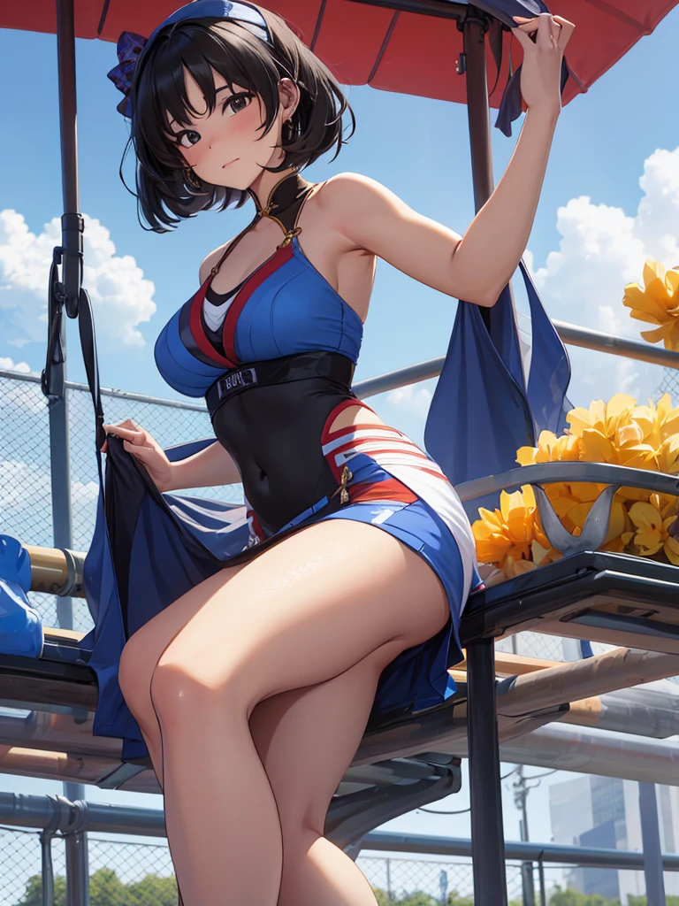 Yangyang from wuthering waves, 1girl, as a cheerleader, wearing cheerleading outfit, at an playground, black colour hair style, 8k, high detailed, high quality