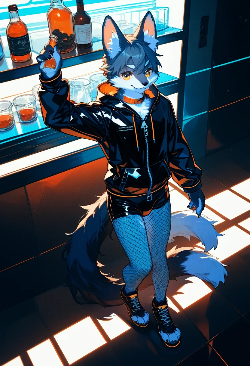 Highest quality, Highest quality, High quality illustrations, masterpiece, Ultra-high resolution, Detailed Background, cyber cafe, Bottle, Absurd, Perfect Anatomy, performance, Good lighting, Shadows in the movies(kemono, Furry Personifi猫ion), Three-haired cat, Rubber suit, Rubber suit, latex, neon, neonライト, neonカラー, Fishnet tights, Rubber Hoodie, ribbon, male, From above