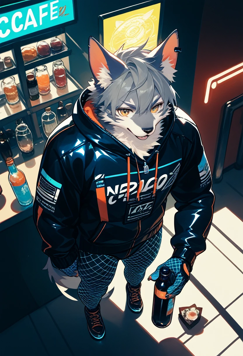 Highest quality, Highest quality, High quality illustrations, masterpiece, Ultra-high resolution, Detailed Background, cyber cafe, Bottle, Absurd, Perfect Anatomy, performance, Good lighting, Shadows in the movies(kemono, Furry Personifi猫ion), Three-haired cat, Rubber suit, Rubber suit, latex, neon, neonライト, neonカラー, Fishnet tights, Rubber Hoodie, ribbon, male, From above