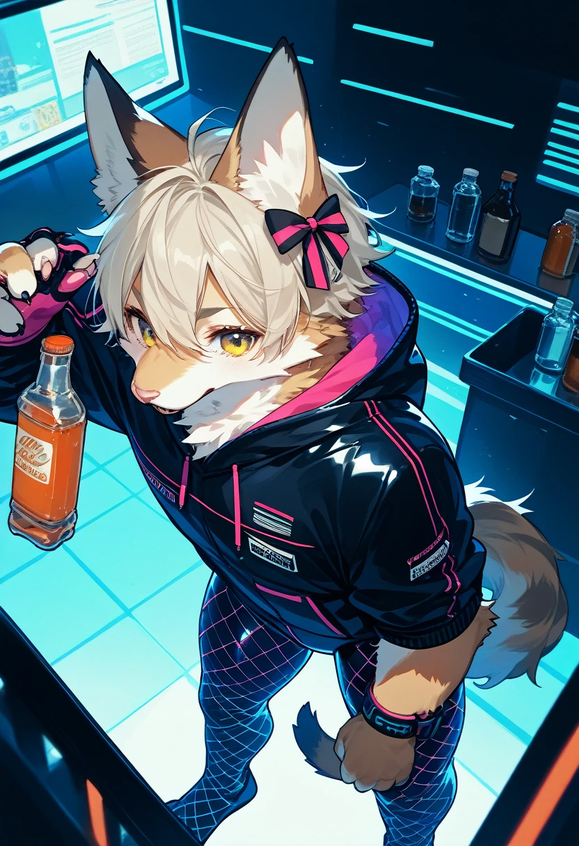 Highest quality, Highest quality, High quality illustrations, masterpiece, Ultra-high resolution, Detailed Background, cyber cafe, Bottle, Absurd, Perfect Anatomy, performance, Good lighting, Shadows in the movies(kemono, Furry Personifi猫ion), Three-haired cat, Rubber suit, Rubber suit, latex, neon, neonライト, neonカラー, Fishnet tights, Rubber Hoodie, ribbon, male, From above