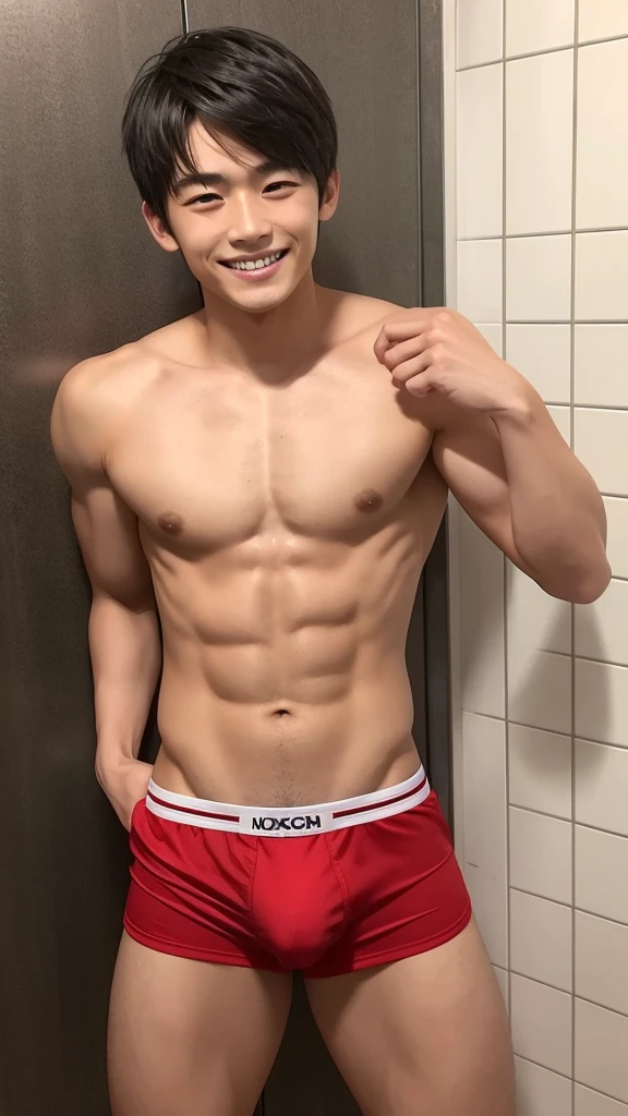 A japanese man with short、だがかなりlikeく見える男性、Muscular but short、A pretty small face and sporty, manly muscles、Smooth skin and short stature、Baby-faced but muscular and handsome、She shows off her slim and short body with a happy smile, Revealing red boxer shorts、Relaxed attitude、Very short black hair、Open your mouth and smile dazzlingly、in narrow bathroom、like々A cool and manly pose
