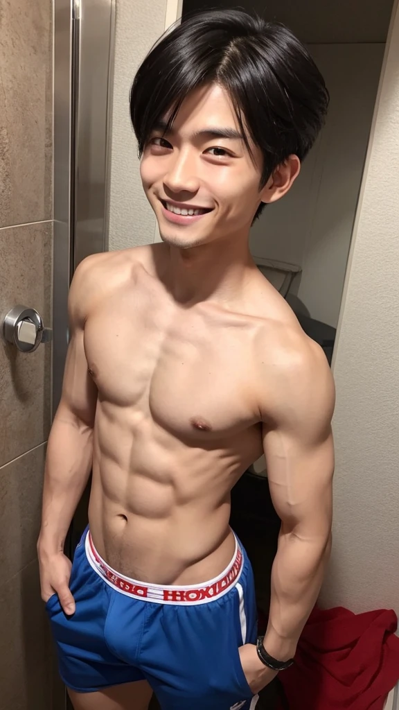 A japanese man with short、歳だがかなりlikeく見える男性、Muscular but short、A pretty small face and sporty, manly muscles、Smooth skin and short stature、Baaced but muscular and handsome、She shows off her slim and short body with a happy smile, Revealing red boxer shorts、Relaxed attitude、Very short black hair、Open your mouth and smile dazzlingly、in narrow bathroom、like々A cool and manly pose