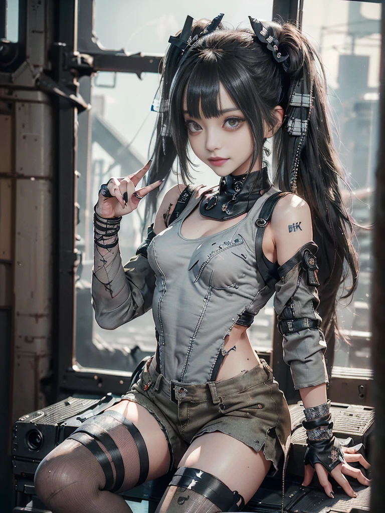(Full Body View:1.3)、(Side view:1.1)、(Please smile with your teeth showing:1.4),(Shibuya Gal:1.5)、(Gothic ta style fashion:1.5)、(Tattered khaki and gray futuristic micro high leg bodysuit:1.5)、(Tattered Khakis and White Micro Fancy Sleeves:1.5)、(Tattered khaki micro shorts:1.5)、(Brown and khaki knee socks:1.3)、(camouflage:1.3)、(Military jacket:1.4)、Brown boots、Khaki gloves、internal、(The underwear is striped:1.4)、23 years old、(Doing a ballerina pose:1.3)、((Highest quality、8K、masterpiece:1.3))、One girl、The beauty of slim abs:1.3、(Hairstyle Casual、Big Tits:1.1)、dress:1.1、Super small face、Narrow eyes、double eyelid、Laughter、Esbian all over、Dynamic Angle、Close-up、CPL Filter、Blurred Background、Bokeh、Blue Hour、Detailed face and skin texture、Detailed Eyes,(Twin tails:1.3)、(Black brown hair:1.4)、Gravure idol pose、(The background is the cockpit of a futuristic weapon.:1.3)、(The body is slim:1.2),(Slim legs:1.4),(clavicle:1.1)