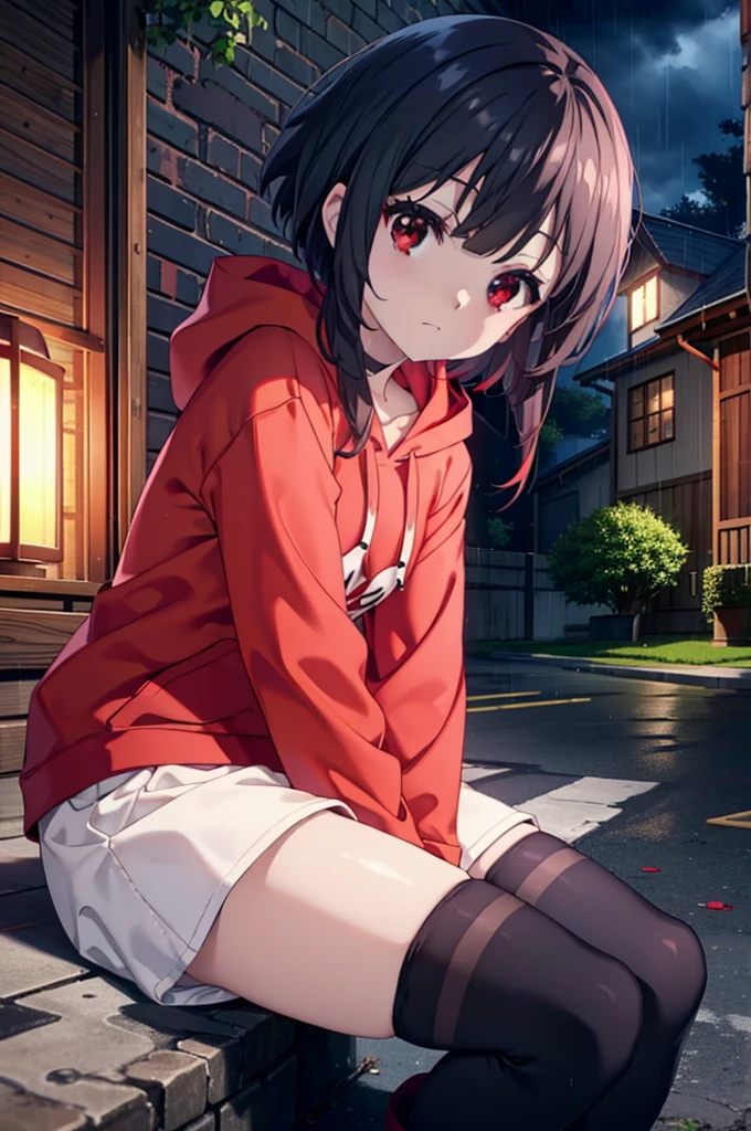 konosubaMegumin, Megumin, short hair, Black Hair, (Red eyes:1.3), short hair with long locks,Oversized red hoodie,Baseball hats,Shorts,White pantyhose,High-top sneakers,night,rain,cloudy,Hiding in a roofed building,Sitting on the stairs,whole bodyがイラストに入るように,
break indoors ,Alley,
break looking at viewer, whole body,
break (masterpiece:1.2), Highest quality, High resolution, unity 8k wallpaper, (figure:0.8), (Beautiful attention to detail:1.6), Highly detailed face, Perfect lighting, Highly detailed CG, (Perfect hands, Perfect Anatomy),