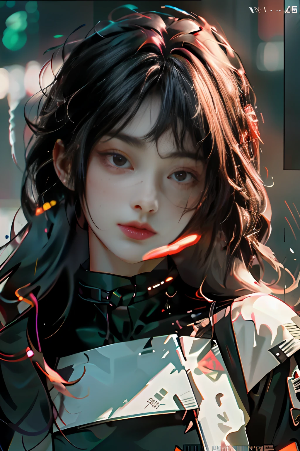 ((best quality)), ((Masterpiece)), (details:1.4), 3d, Image of a beautiful cyberpunk woman., HDR (high dynamic range), long hair, Red hair, future police, PBR surface, After processing,Anisotropic filtration,depth of field, Maximum clarity and clarity, multi-layered surface, perfect proportions, 8K raw files, รอยแผลเป็นบนใบหน้าชัด, หน้าอกใหญ่, Yoru, Brown and well-detailed eyes