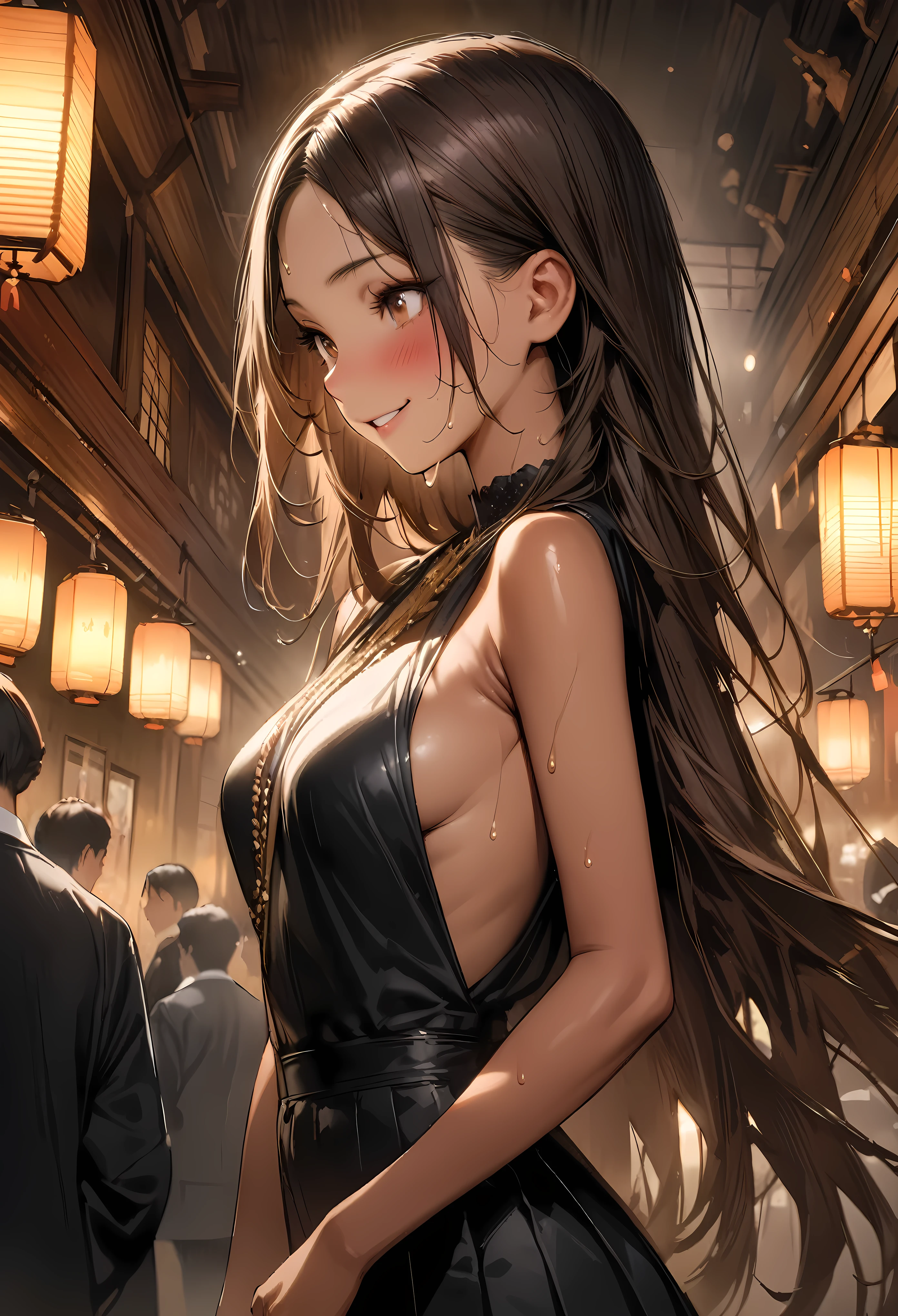 ((masterpiece,Highest quality:1.3,best quality illustration,realistic:1.3)),cowboy shot,solo,1woman,(20-year-old、Japanese Beauty)、brown hair,long hair,center parted bangs,brown eyes,gorgeous eyes,((very small head:1.3)),blush,smile,((very long body:1.2,skinny)),medium breasts,(tan skin:1.5), (gleaming skin,toned body,slender body),sweat,(Black sleeveless dress、Black pleated mini skirt)、Luxurious party venue、