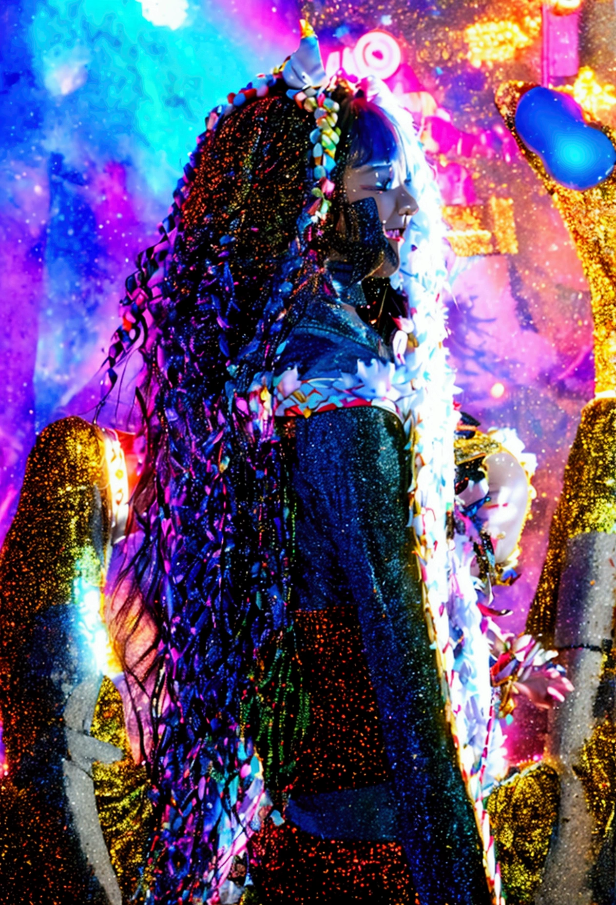 1 Girl，Long hair，（Pink Hair），Idol performance，Girl，Full of vitality，Female idol，20 years old，stage表演，Chest，Smile，Looking at the audience，Korean Idol，Gorgeous clothing，Very long hair，Multi-colored hair，sleeveless，背景Vague，Colorful lights，Lips，大的Chest，shorts，High heel，campus，campus，student，Cleavage，Vague，stage，Venues，flash，spotlight，Zhang Yuanying，Cheng Xiao，blackpink，Xinya，Bare arms