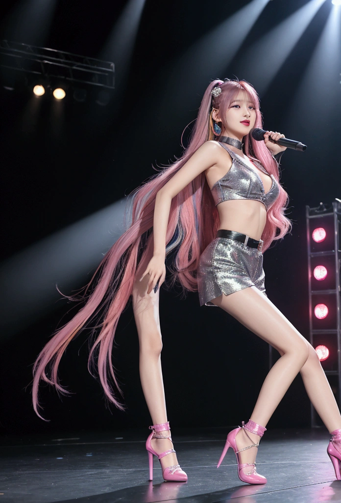 tmasterpiece,8K,high definition resolution,cinmatic lighting,theater,lamplight,perform,s girl,((microphones)),Concert,performance,tightsuit,singers,idoly,cropped shoulders,Bare thighs,hyperdetailed face, Detailed eyes, 二重まぶた,((Ultra-detailed)),((Delicate face)), Beautiful detailed eyes, (high light,Gradient hair),Long hair, Floating hair, GSHea,The eye,Genshin_impact,Look at the viewer, ((Distant view)), Strong light and shadow, Cinema lenses,tmasterpiece,Super quality,theater stage,real silk,18yr old,Big eyes,A woman in a white tights holds a microphone and sings on stage, inspired by Vanessa Beecroft, wearing white straitjacket, Korean concerts, Inspired by Hajime Sorayama, singing on stage, style of hajime sorayama, Wearing white tights, wearing bodysuit,Stylish lenses