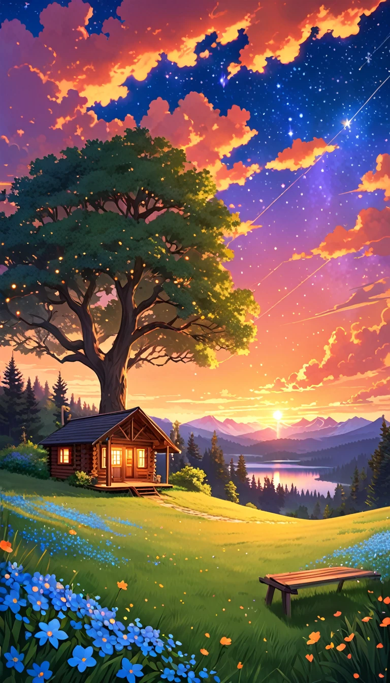 Digital illustration featuring a serene and enchanting landscape at sunset. The layout is vertical, with a large, majestic tree dominating the center of the image. The tree has a swing hanging from one of its branches and is situated next to a small, cozy wooden cabin with warm, glowing lights emanating from its windows. The sky is filled with vibrant, colorful clouds in shades of orange, pink, and purple, with stars beginning to appear as night approaches. A lone figure stands near the cabin, gazing at the sky, adding a sense of wonder and tranquility to the scene. The ground is covered in lush green grass and small blue flowers, enhancing the idyllic atmosphere. Red cloud stars cloud