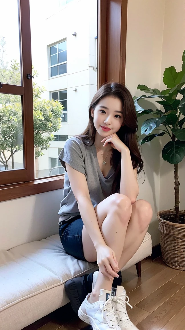 ((Top quality、8K、Master School:1.3、In the company、OL、Office casual setting、 (1 cute korean stars,Large breast bulge) ,Long hair,, 32 inches chest size, Grey Camisole Vest, shorts,White shoes , Nikon, Ultra HD 1 Girl、slender beauty:1.3、Super detail face、Exquisite eyes、Double eyelids、smiling facial expression、(sexy pose),whole body、brown hair、necklace,Tanned skin、Bangs to eyebrows、Beautiful brown hair、Beautiful and delicate eyes、Brown eyes、Raise an eyebrow、Bangs to eyebrows、Beautiful brown hair、Beautiful and delicate eyes、Brown eyes、Raise an eyebrow、High Nose、Small nostril、Little mouth、Tempting lips、Mouth slightly open、Beautiful breasts、Full body、Oval face,Phoenix Eyes,Eyebrow, Both eyes, Both eyes皮, Long eyebrows, Long eyelashes, A faint smile,Perfect proportion、Perfect Anatomy、Perfect composition、20 years old、beaver、shortcut、piece、 look、stare、Houseplant、verdant、look到whole body、window