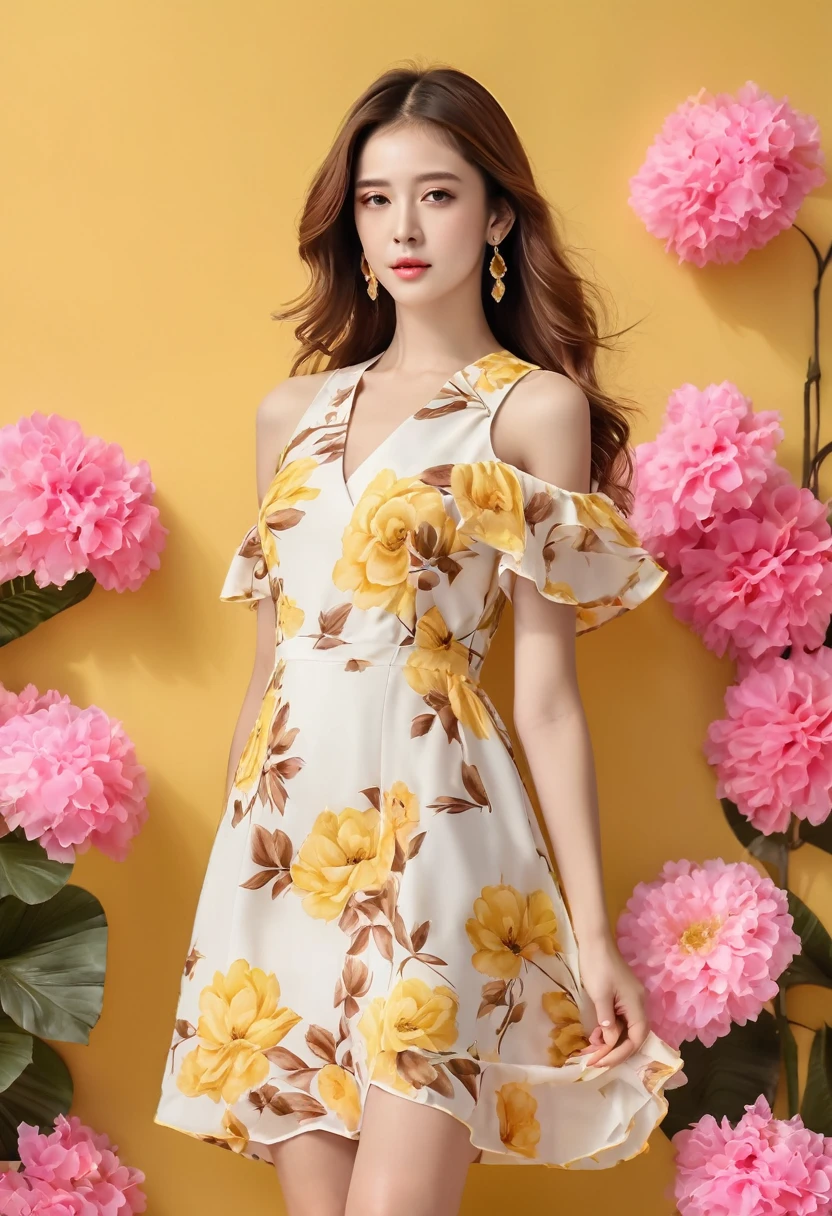An image of a woman who calmly loves, Detailed medium brown hair, Bright yellow detailed eyes with long eyelashes, White short dress with pink floral print, Detailed brown high heel sandals. full body image. shoes foot