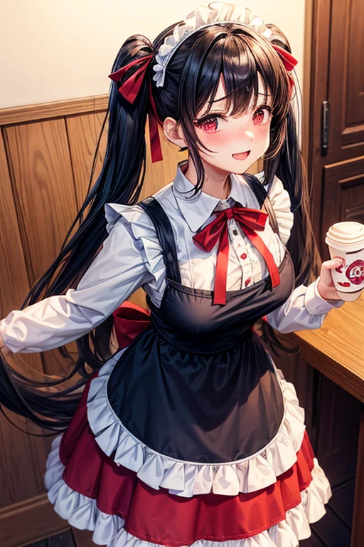 One adult woman,hair_Navy Blue,Twin tails,big tail,Cafe Waitress,apron_red,eye_pink,Lolita Fashion,uniform_red,Long dress_red,ストライプribbon,Frills,ribbon,Laughter,red面,Embarrassed face,Big ,cute,holding a coffee cup