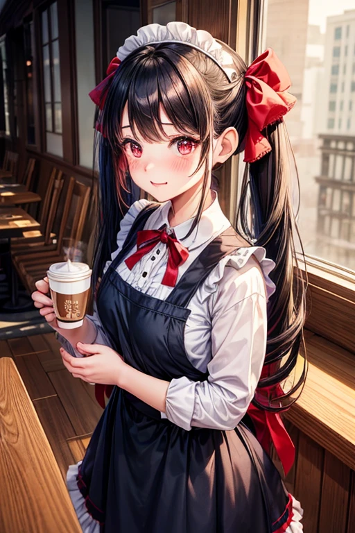 One adult woman,hair_Navy Blue,Twin tails,big tail,Cafe Waitress,apron_red,eye_pink,Lolita Fashion,uniform_red,Long dress_red,ストライプribbon,Frills,ribbon,Laughter,red面,Embarrassed face,Big ,cute,holding a coffee cup