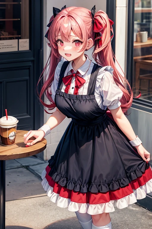 One adult woman,hair_Navy Blue,Twin tails,big tail,Cafe Waitress,apron_red,eye_pink,Lolita Fashion,uniform_red,Long dress_red,ストライプribbon,Frills,ribbon,Laughter,red面,Embarrassed face,Big ,cute,holding a coffee cup