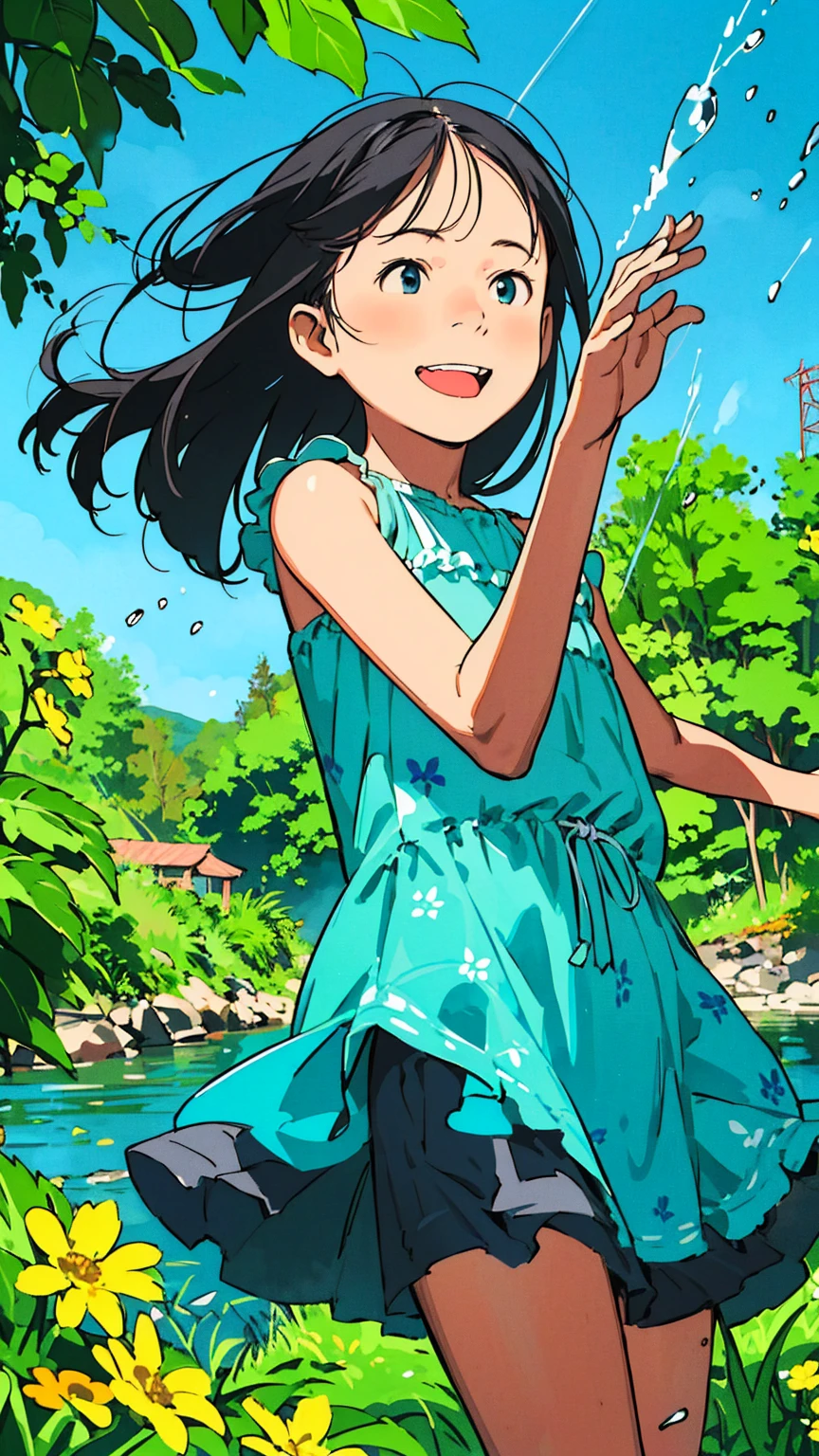 Reasonable design, Clear lines, High Sharpness, (Highest quality,8K,Perfect sharpness,Ultra fine,High resolution,masterpiece:1.2), Perfect Anatomy:1.5, Official Art, Illustrations that tell a story, (Whitish background:0. 9)、Body Positivity、多Mr.な身体表現、(Random and energetic poses)、Perfect beauty、Perfect beautiful face、Strong winds、A rich expression、Dynamic composition、smile、Golden ratio composition、colorful、((Mr.々Different angles and perspectives))、Anime Art、(Mini dress)、(Overcoming stereotypes)、 Glowing Skin、(Natural beauty)、smile、Bangs、(Soft and flowing hair)、(countryside)、(Nostalgic atmosphere)、Put it up to your thighs、(Playful and carefree)、(多Mr.な民族のキャラクター)、(innocent attitude)、(Sunny atmosphere)、(The skirt flutters wildly in the wind)、(Bright colors)、Beautiful Eyes、(Embarrassing)、Braided Hair、Summer Scene、Smiling among flowers、Angle from above、Side angle、